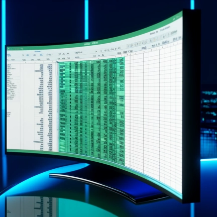 DALL·E 2024-04-23 09 11 42 - A futuristic and tech-savvy image of an Excel spreadsheet on a curved, ultra-wide monitor  The spreadsheet is filled with complex numerical data, show