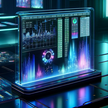DALL·E 2024-04-23 09 34 09 - A high-tech, futuristic image of an Excel spreadsheet displayed on a transparent, glass-like monitor  The spreadsheet is filled with a luminous displa