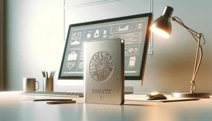 DALL·E 2024-01-31 22 54 00 - Create a conceptual wide image that combines a modern workspace with the theme of a digital product passport in a more minimalistic and realistic styl