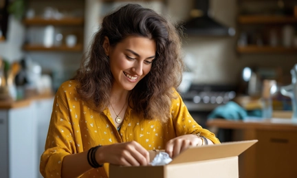 Online shopping unboxing woman_partial